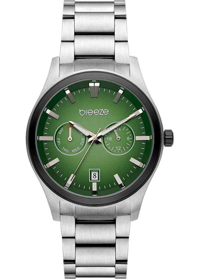 Ανδρικό Ρολόι Breeze Renegade από Ασημί Ατσάλι με Πράσινο Multi-Function Καντράν - 712452.5