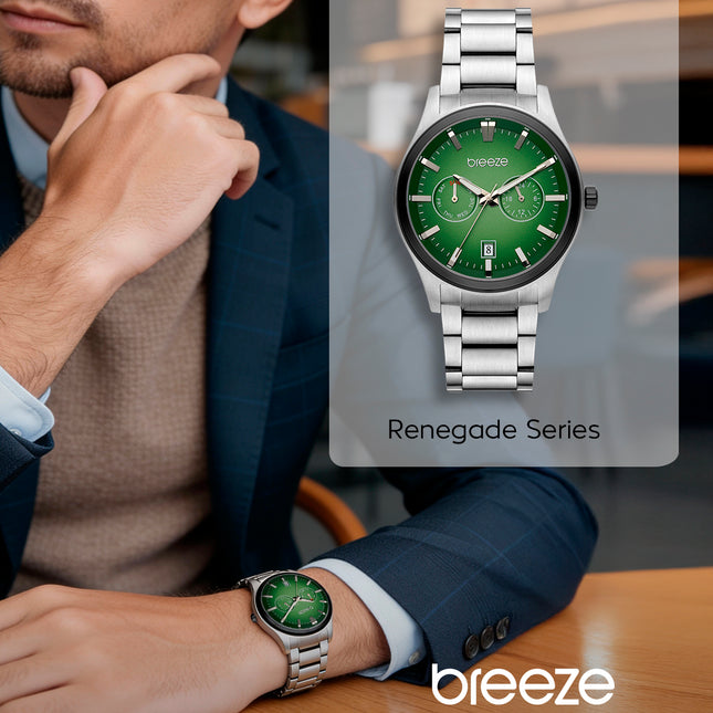 Ανδρικό Ρολόι Breeze Renegade από Ασημί Ατσάλι με Πράσινο Multi-Function Καντράν - 712452.5