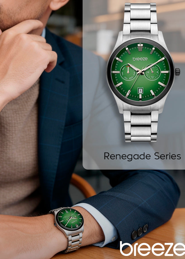 Ανδρικό Ρολόι Breeze Renegade από Ασημί Ατσάλι με Πράσινο Multi-Function Καντράν - 712452.5
