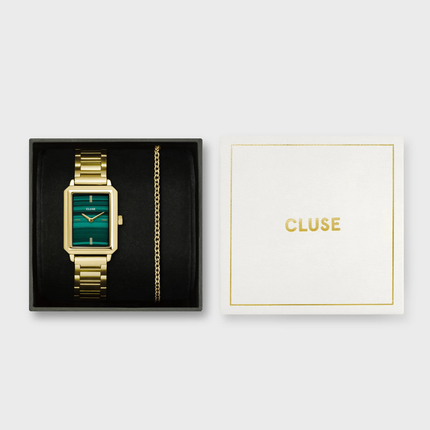 Γυναικείο Gift Box CLUSE Ρολόι Fluette από Χρυσό Ατσάλι με Πράσινο Καντράν & Βραχιόλι με Στρογγυλή Αλυσίδα, σε Χρυσό Χρώμα -CG11506