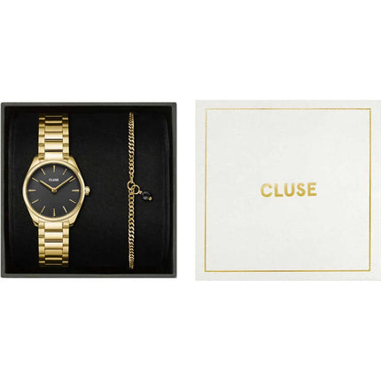 Γυναικείο Gift Box CLUSE Ρολόι Féroce Mini από Χρυσό Ατσάλι με Μαύρο Καντράν & Βραχιόλι σε Χρυσό Χρώμα - CG11701