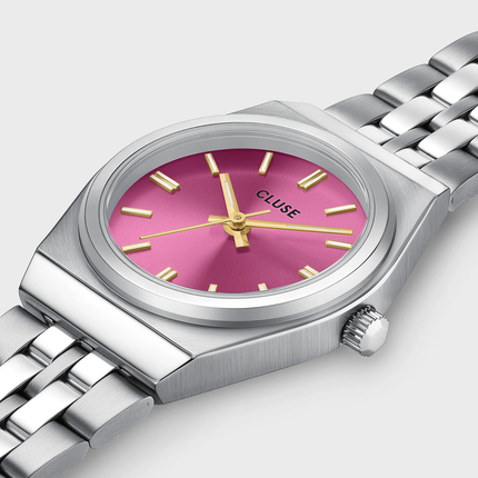 Γυναικείο Ρολόι CLUSE Retro 70s Mini από Ασημί Ατσάλι με Φούξια Καντράν - CW16303