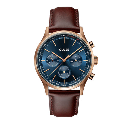 Ανδρικό Ρολόι CLUSE Antheor Multifunction με Καφέ Δερμάτινο Λουράκι και Μπλε Καντράν με Rose-Gold Λεπτομέρειες & Χρονογράφο - CW21009