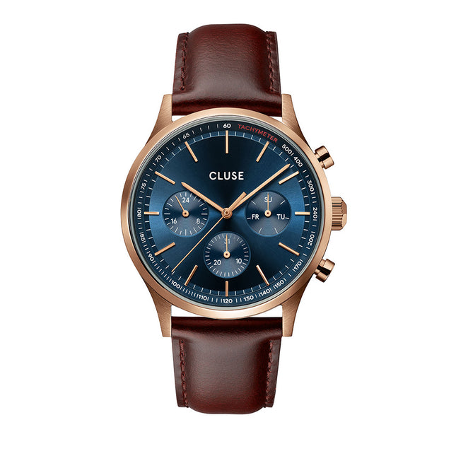 Ανδρικό Ρολόι CLUSE Antheor Multifunction με Καφέ Δερμάτινο Λουράκι και Μπλε Καντράν με Rose-Gold Λεπτομέρειες & Χρονογράφο - CW21009