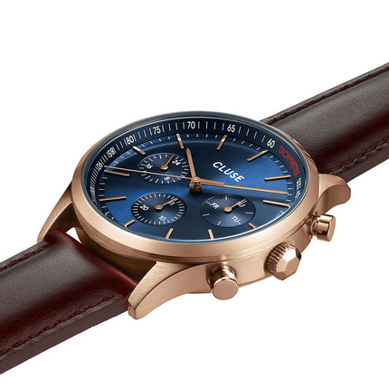 Ανδρικό Ρολόι CLUSE Antheor Multifunction με Καφέ Δερμάτινο Λουράκι και Μπλε Καντράν με Rose-Gold Λεπτομέρειες & Χρονογράφο - CW21009