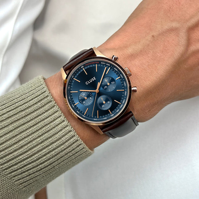 Ανδρικό Ρολόι CLUSE Antheor Multifunction με Καφέ Δερμάτινο Λουράκι και Μπλε Καντράν με Rose-Gold Λεπτομέρειες & Χρονογράφο - CW21009
