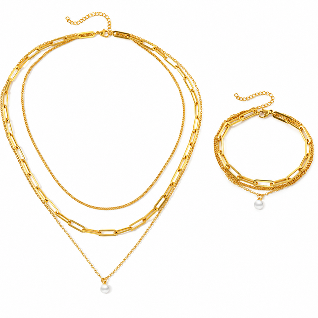 Tempo Mio Γυναικείο Pearl Fusion Set Κολιέ & Βραχιόλι Επίχρυσα PVD 18K από Ανοξείδωτο Ατσάλι - TMNG003-TMBG003