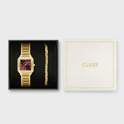 Γυναικείο Gift Box CLUSE Ρολόι Gracieuse Petite από Χρυσό Ατσάλι με Μπορντό Καντράν & Aτσάλινο Βραχιόλι Snake, σε Χρυσό Χρώμα -CG11805
