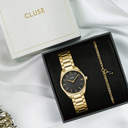 Γυναικείο Gift Box CLUSE Ρολόι Féroce Mini από Χρυσό Ατσάλι με Μαύρο Καντράν & Βραχιόλι σε Χρυσό Χρώμα - CG11701