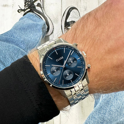 Ανδρικό Ρολόι CLUSE Anthéor Multifunction από Ασημί Ατσάλι με Μπλε Καντράν - CW21003